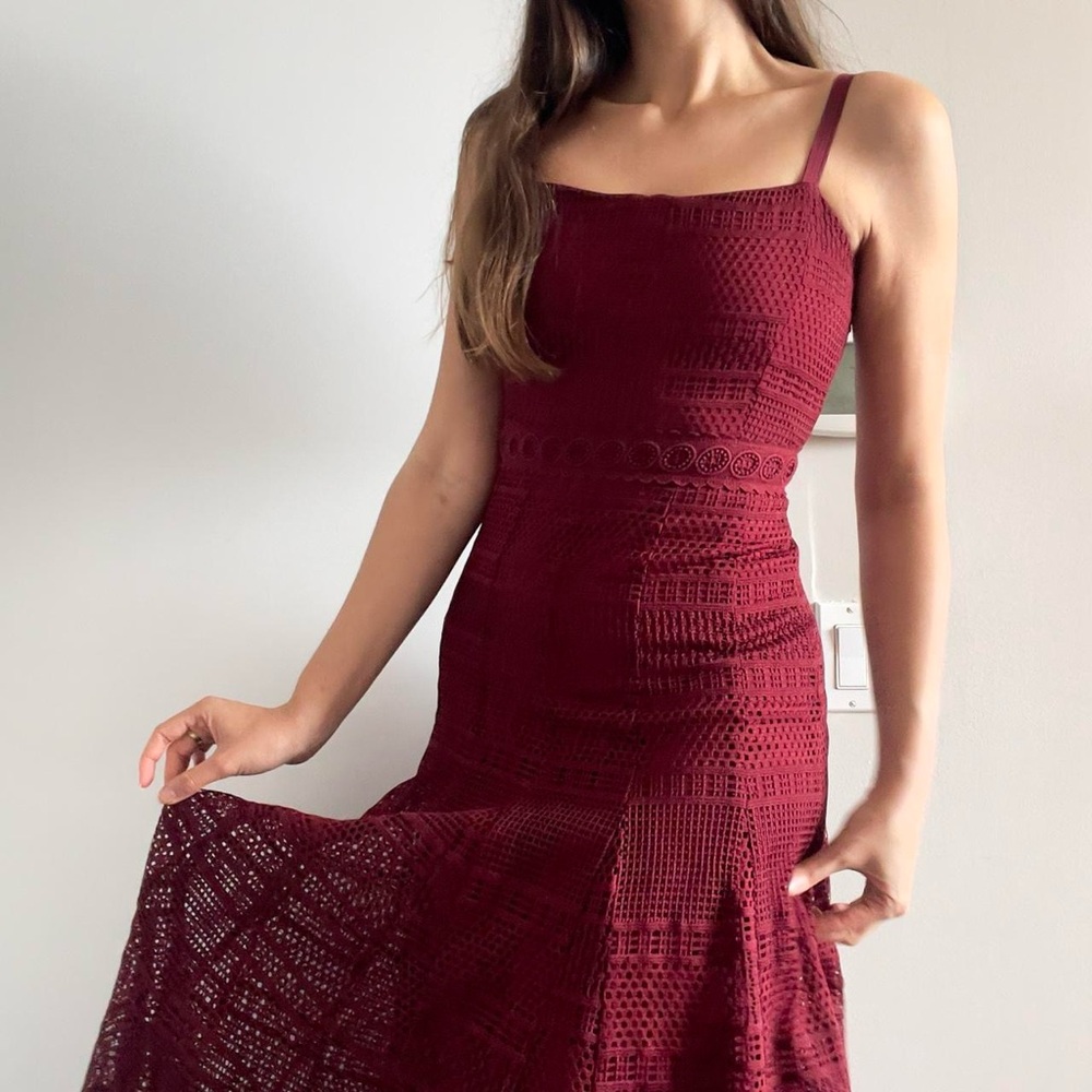 Sandro | Burgundy lace flared midi sleeveless cocktail dress | Size S